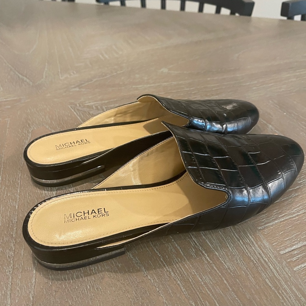 Michael Kors Black Crocodile Mules, Size 8